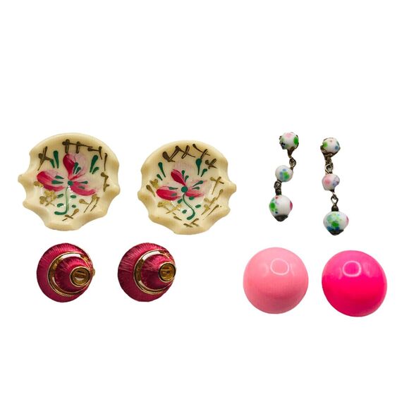 Estate Jewelry - PINK FLORAL 4 Pairs Costume Estate Clip Earrings Hand Painted Dangle Swirl Lot